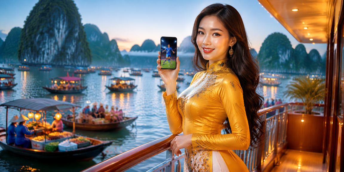 Người dùng đặt cược thể thao bên vịnh Hạ Long với trang phục áo dài truyền thống Việt Nam